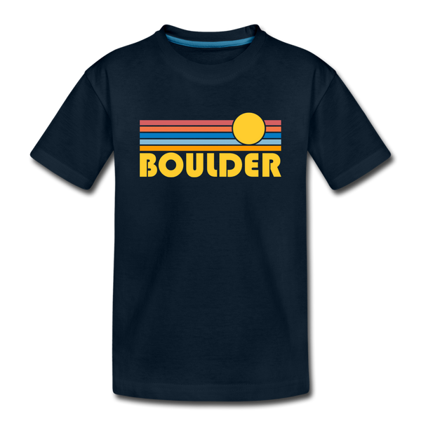 Boulder, Colorado Youth T-Shirt - Retro Sunrise Youth Boulder Tee - deep navy