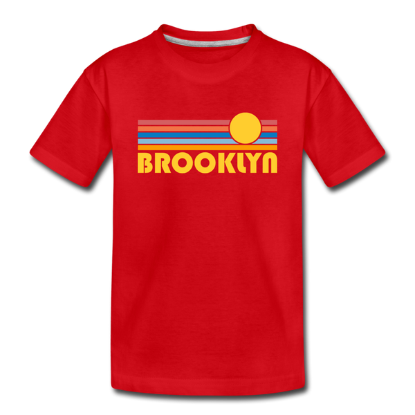 Brooklyn, New York Youth T-Shirt - Retro Sunrise Youth Brooklyn Tee - red