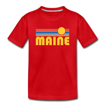 Maine Youth T-Shirt - Retro Sunrise Youth Maine Tee - red