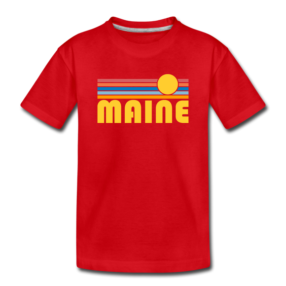 Maine Youth T-Shirt - Retro Sunrise Youth Maine Tee - red