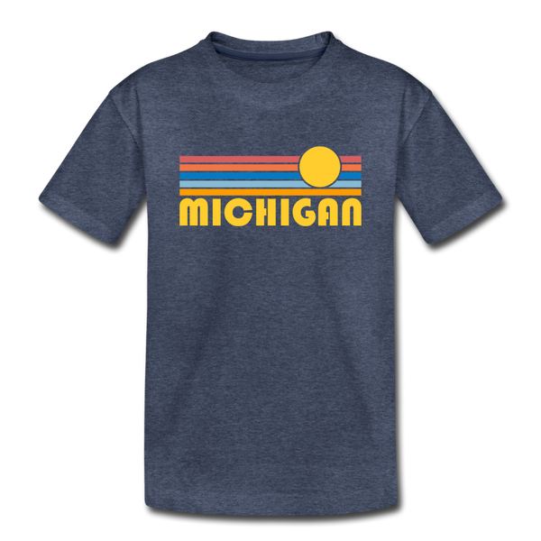 Michigan Youth T-Shirt - Retro Sunrise Youth Michigan Tee - heather blue