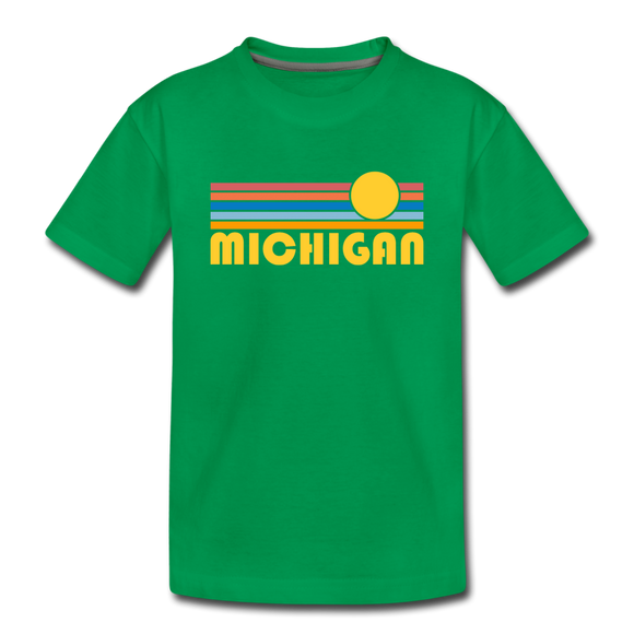 Michigan Youth T-Shirt - Retro Sunrise Youth Michigan Tee - kelly green