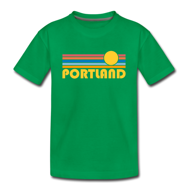Portland, Oregon Youth T-Shirt - Retro Sunrise Youth Portland Tee - kelly green