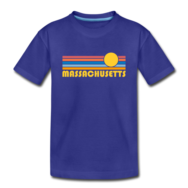 Massachusetts Youth T-Shirt - Retro Sunrise Youth Massachusetts Tee - royal blue