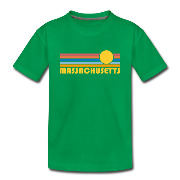 Massachusetts Youth T-Shirt - Retro Sunrise Youth Massachusetts Tee - kelly green