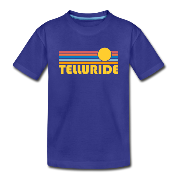 Telluride, Colorado Youth T-Shirt - Retro Sunrise Youth Telluride Tee - royal blue