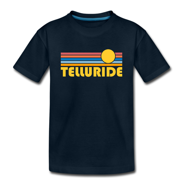 Telluride, Colorado Youth T-Shirt - Retro Sunrise Youth Telluride Tee - deep navy