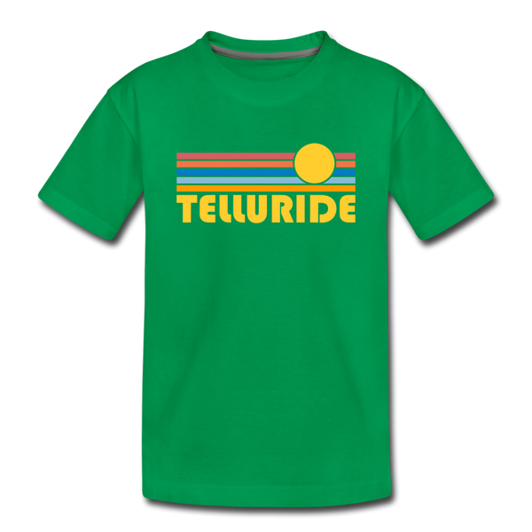 Telluride, Colorado Youth T-Shirt - Retro Sunrise Youth Telluride Tee - kelly green