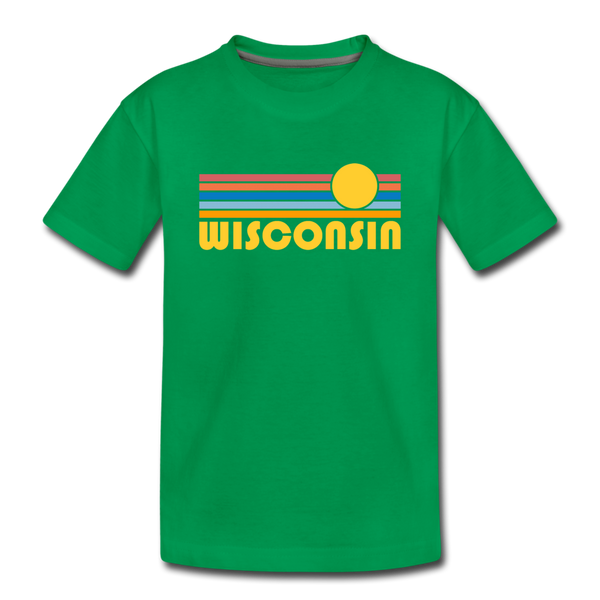 Wisconsin Youth T-Shirt - Retro Sunrise Youth Wisconsin Tee - kelly green