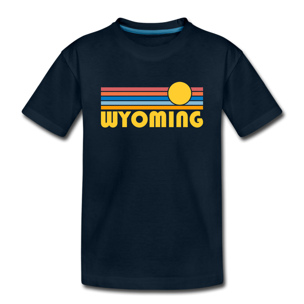 Wyoming Youth T-Shirt - Retro Sunrise Youth Wyoming Tee - deep navy