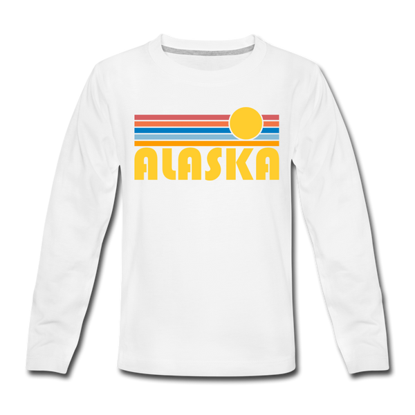 Alaska Youth Long Sleeve Shirt - Retro Sunrise Youth Long Sleeve Alaska Tee - white