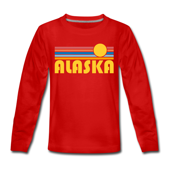 Alaska Youth Long Sleeve Shirt - Retro Sunrise Youth Long Sleeve Alaska Tee - red