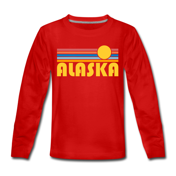 Alaska Youth Long Sleeve Shirt - Retro Sunrise Youth Long Sleeve Alaska Tee - red