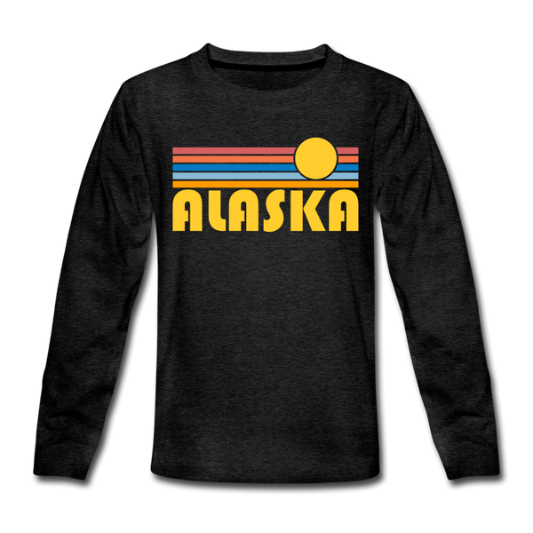 Alaska Youth Long Sleeve Shirt - Retro Sunrise Youth Long Sleeve Alaska Tee - charcoal gray