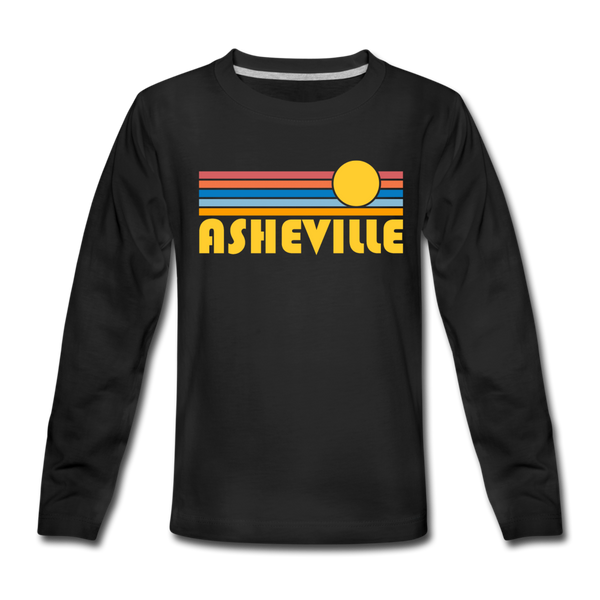 Asheville, North Carolina Youth Long Sleeve Shirt - Retro Sunrise Youth Long Sleeve Asheville Tee - black