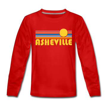 Asheville, North Carolina Youth Long Sleeve Shirt - Retro Sunrise Youth Long Sleeve Asheville Tee - red