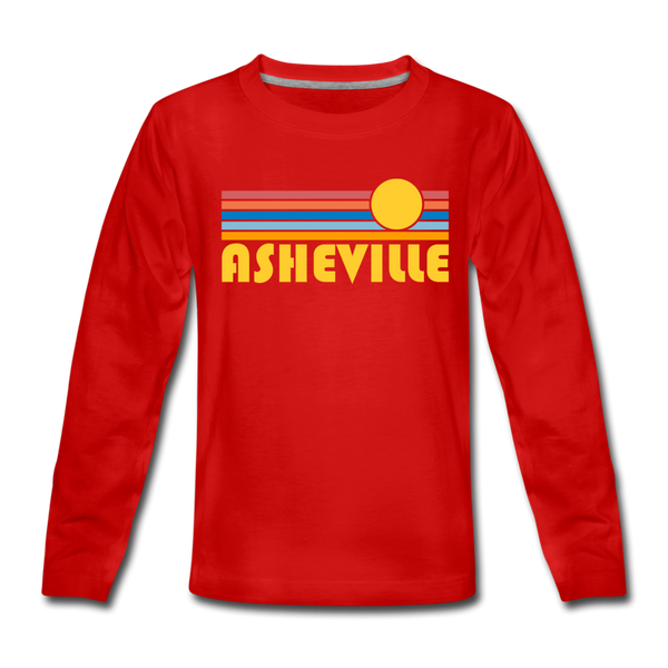 Asheville, North Carolina Youth Long Sleeve Shirt - Retro Sunrise Youth Long Sleeve Asheville Tee - red