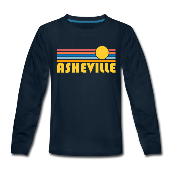 Asheville, North Carolina Youth Long Sleeve Shirt - Retro Sunrise Youth Long Sleeve Asheville Tee - deep navy