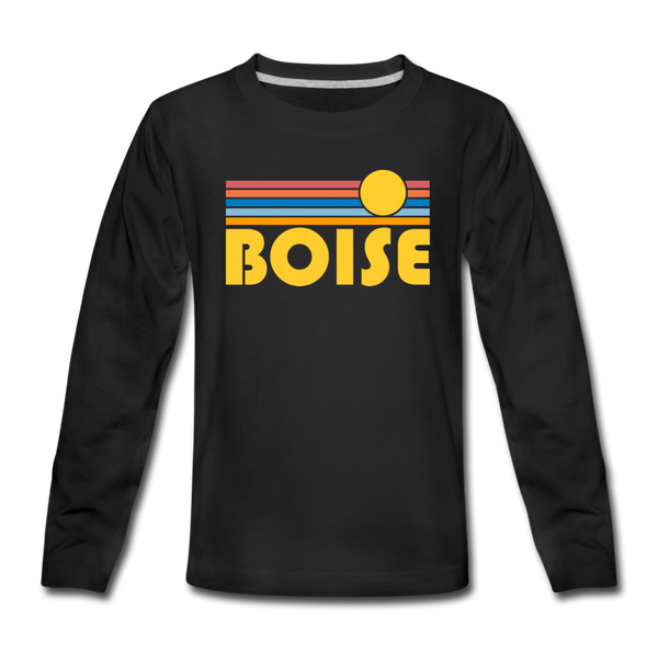 Boise, Idaho Youth Long Sleeve Shirt - Retro Sunrise Youth Long Sleeve Boise Tee - black
