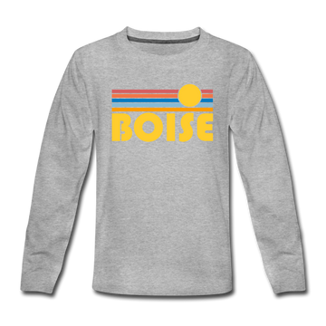 Boise, Idaho Youth Long Sleeve Shirt - Retro Sunrise Youth Long Sleeve Boise Tee - heather gray