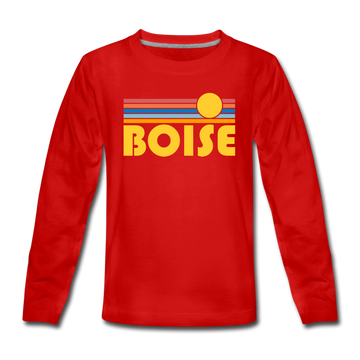 Boise, Idaho Youth Long Sleeve Shirt - Retro Sunrise Youth Long Sleeve Boise Tee - red