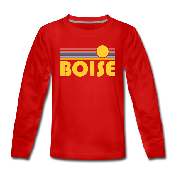 Boise, Idaho Youth Long Sleeve Shirt - Retro Sunrise Youth Long Sleeve Boise Tee - red