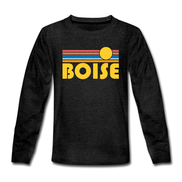 Boise, Idaho Youth Long Sleeve Shirt - Retro Sunrise Youth Long Sleeve Boise Tee - charcoal gray