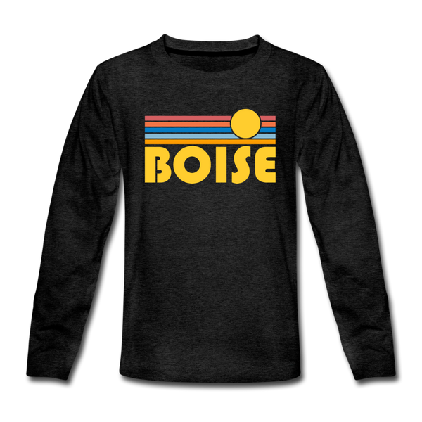 Boise, Idaho Youth Long Sleeve Shirt - Retro Sunrise Youth Long Sleeve Boise Tee - charcoal gray