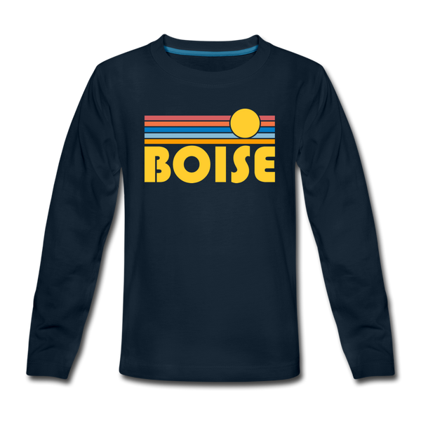 Boise, Idaho Youth Long Sleeve Shirt - Retro Sunrise Youth Long Sleeve Boise Tee - deep navy
