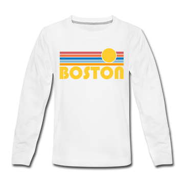Boston, Massachusetts Youth Long Sleeve Shirt - Retro Sunrise Youth Long Sleeve Boston Tee - white