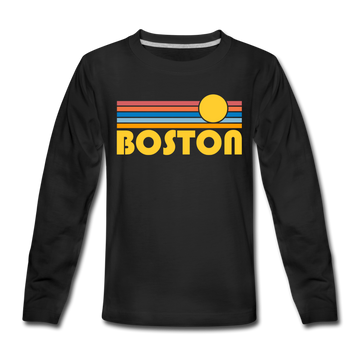 Boston, Massachusetts Youth Long Sleeve Shirt - Retro Sunrise Youth Long Sleeve Boston Tee - black
