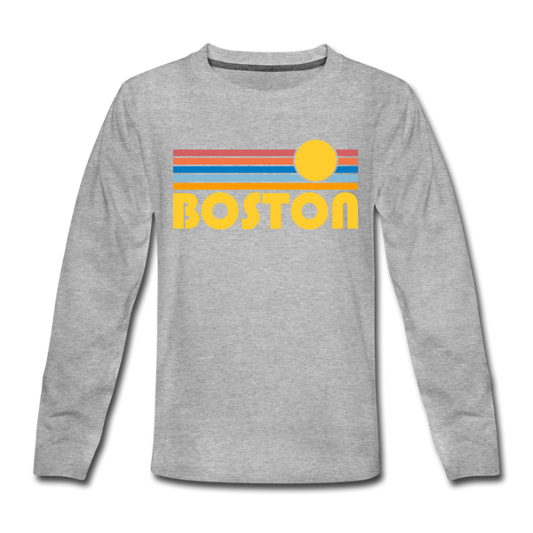 Boston, Massachusetts Youth Long Sleeve Shirt - Retro Sunrise Youth Long Sleeve Boston Tee - heather gray