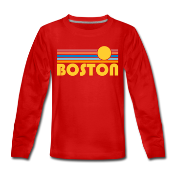 Boston, Massachusetts Youth Long Sleeve Shirt - Retro Sunrise Youth Long Sleeve Boston Tee - red