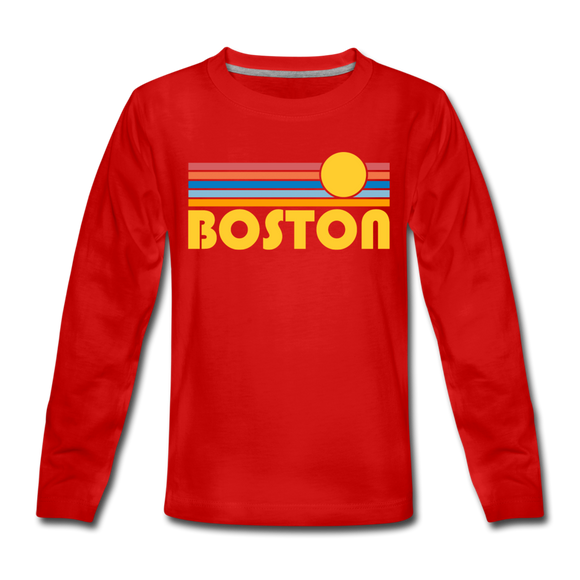 Boston, Massachusetts Youth Long Sleeve Shirt - Retro Sunrise Youth Long Sleeve Boston Tee - red