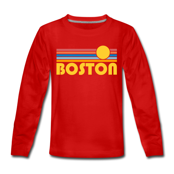 Boston, Massachusetts Youth Long Sleeve Shirt - Retro Sunrise Youth Long Sleeve Boston Tee - red