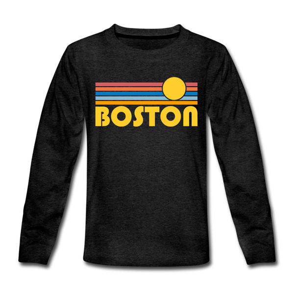 Boston, Massachusetts Youth Long Sleeve Shirt - Retro Sunrise Youth Long Sleeve Boston Tee - charcoal gray
