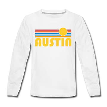 Austin, Texas Youth Long Sleeve Shirt - Retro Sunrise Youth Long Sleeve Austin Tee - white