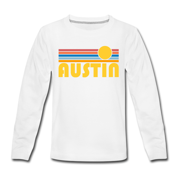 Austin, Texas Youth Long Sleeve Shirt - Retro Sunrise Youth Long Sleeve Austin Tee - white