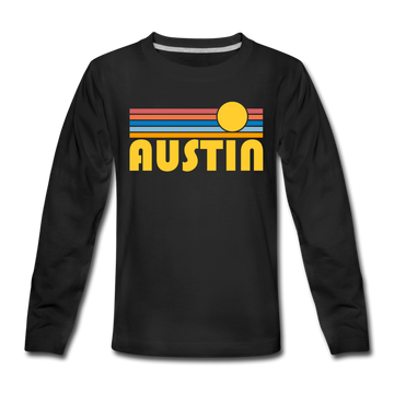 Austin, Texas Youth Long Sleeve Shirt - Retro Sunrise Youth Long Sleeve Austin Tee - black