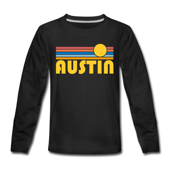 Austin, Texas Youth Long Sleeve Shirt - Retro Sunrise Youth Long Sleeve Austin Tee - black