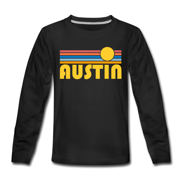 Austin, Texas Youth Long Sleeve Shirt - Retro Sunrise Youth Long Sleeve Austin Tee - black