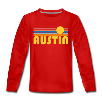 Austin, Texas Youth Long Sleeve Shirt - Retro Sunrise Youth Long Sleeve Austin Tee - red