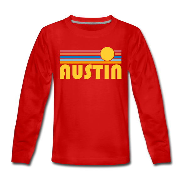 Austin, Texas Youth Long Sleeve Shirt - Retro Sunrise Youth Long Sleeve Austin Tee - red