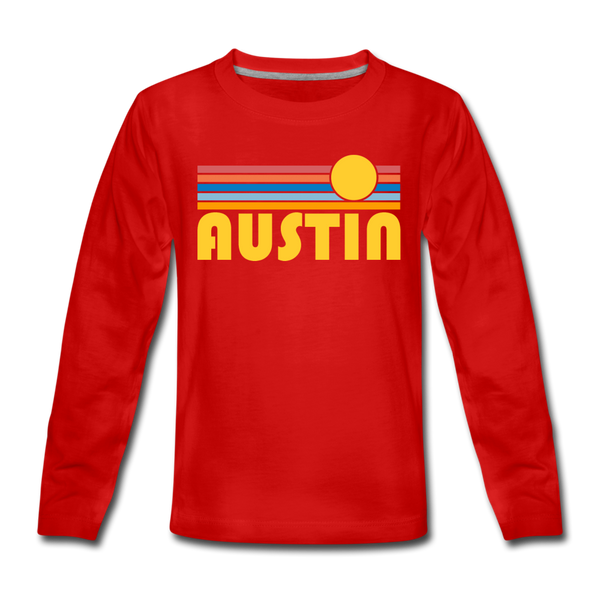 Austin, Texas Youth Long Sleeve Shirt - Retro Sunrise Youth Long Sleeve Austin Tee - red