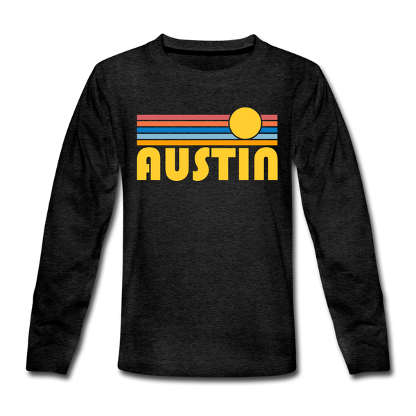 Austin, Texas Youth Long Sleeve Shirt - Retro Sunrise Youth Long Sleeve Austin Tee - charcoal gray