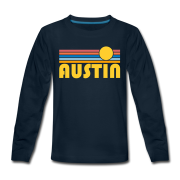 Austin, Texas Youth Long Sleeve Shirt - Retro Sunrise Youth Long Sleeve Austin Tee - deep navy