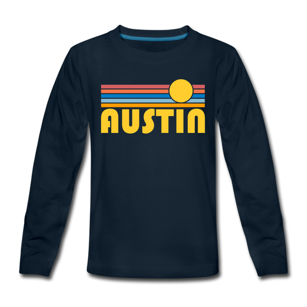 Austin, Texas Youth Long Sleeve Shirt - Retro Sunrise Youth Long Sleeve Austin Tee - deep navy