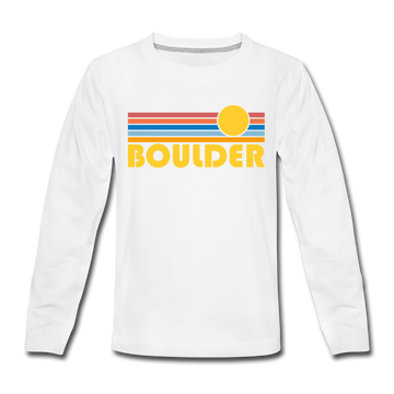 Boulder, Colorado Youth Long Sleeve Shirt - Retro Sunrise Youth Long Sleeve Boulder Tee - white