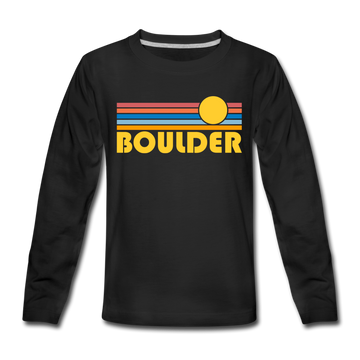 Boulder, Colorado Youth Long Sleeve Shirt - Retro Sunrise Youth Long Sleeve Boulder Tee - black