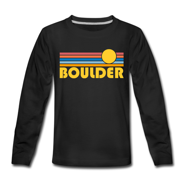 Boulder, Colorado Youth Long Sleeve Shirt - Retro Sunrise Youth Long Sleeve Boulder Tee - black